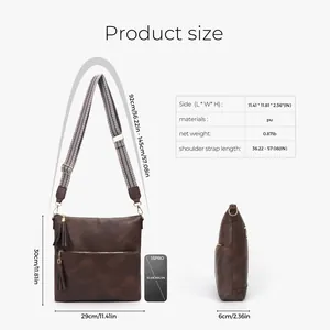 Detailed size chart for retro PU leather shoulder bag showing dimensions and adjustable strap