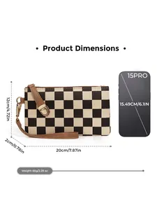 Checkered clutch dimensions 20x12x2cm shown with a smartphone for scale reference