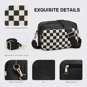 Detailed views of checkered crossbody bag showing fabric texture and metal hardware