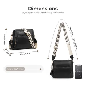 Black pebbled leather crossbody bag with jacquard strap, tassels and size dimensions