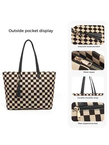 Détails du cabas à damier avec pendentif à pampilles et fermeture éclair en métal