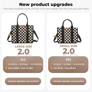 Detailed size chart for large and small checkerboard tote bags with strap dimensions