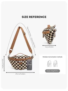 Gedetailleerde maattabel voor de dambord canvas crossbodytas met afmetingen en riem