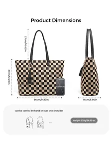 Guide des tailles du sac cabas à damier avec dimensions 36x31x15cm et spécifications de poids