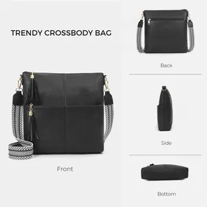 Detail view of black crossbody bag with geometric strap and leather tassels from multiple angles