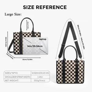 Size guide for large checkerboard tote bag showing dimensions and 14 inch laptop fit