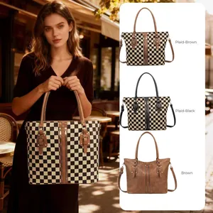 Women Large Capacity Tote Bag Vintage Checkered Shoulder Bag Fashion Polyester Handbag With Decorative Zippers Casual Work Purse