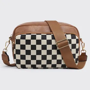 Brown PU leather crossbody camera bag with checkered canvas panel and adjustable strap