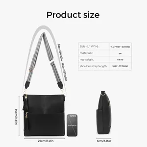 Detailed size chart for retro PU crossbody bag showing dimensions and adjustable strap