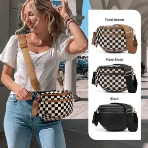 Checkered pattern crossbody chest bag with wide adjustable shoulder strap and coin pouch