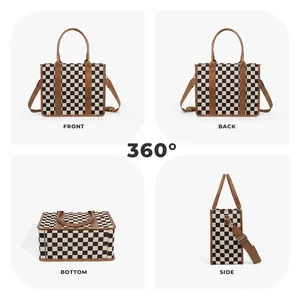 Detailed views of checkered tote bag with brown leather straps and adjustable shoulder strap