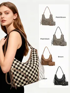 Detail of hobo shoulder bag with checkered pattern and matching coin purse set