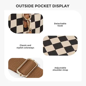 Large checkerboard tote bag with adjustable shoulder strap and gold detachable metal hook
