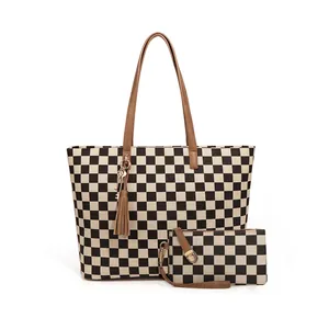 Checkerboard Pattern Tote Bag Large Capacity Women Shoulder Bag With Matching Pouch Tassel Charm Classic Handbag Set