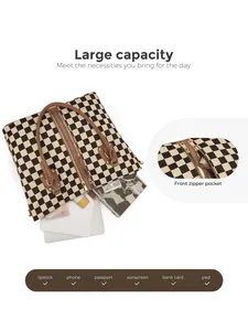 Checkerboard tote bag showing spacious interior with front zipper pocket and brown straps