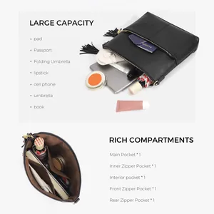 Detailed view of the large capacity and rich internal compartments of the black shoulder bag