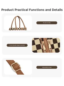 Detail view of checkerboard tote showing sturdy handles, double zippers and adjustable straps