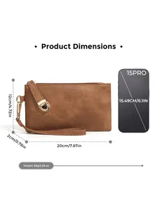 Brown vintage checkered wristlet wallet dimensions 20cm x 12cm with size comparison