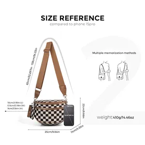 Checkered shell crossbody bag with adjustable shoulder strap and size chart reference