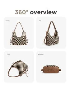 360-degree views of checkered hobo bag with tassel detail and brown leather straps