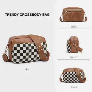Detail shots of checkerboard crossbody bag showing front, back, and bottom views