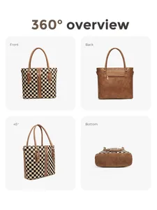 360-degree view of a checkered tote bag with brown leather trim and metal details