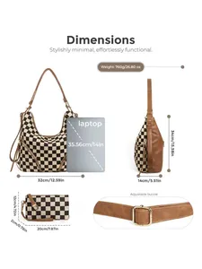 Detail view of checkerboard tote bag set with dimensions and adjustable strap macro