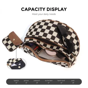 Checkerboard crossbody bag and coin purse set with spacious double-layer zipper storage