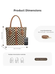 Detailed size guide and capacity for the checkerboard tote bag with dimensions