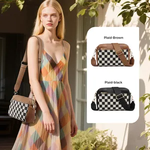 Sac Bandoulière Tendance à Damier pour Femmes Petit Sac Carré en Cuir PU Vintage Plaid Avec Large Sangle Réglable