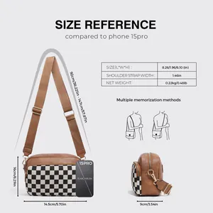 Fashion checkered crossbody bag size chart with dimensions and iPhone size comparison