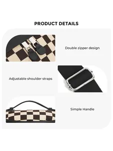 Detail view of checkerboard crossbody bag featuring dual zippers and adjustable strap