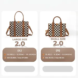 Checkerboard pattern tote bag size comparison chart for large and small handbag options