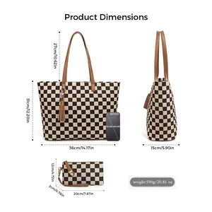 Checkerboard pattern tote bag with matching pouch and dimensions guide for women