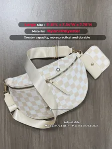 Detailed view of checkered crossbody bag size dimensions and nylon polyester material