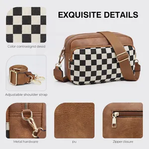 Detailed views of brown PU leather crossbody bag with checkerboard pattern and gold hardware