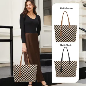 Large checkerboard tote bag with tassel charm, available in brown and black patterns