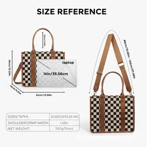 Size chart showing dimensions for the checkered tote bag and its 14-inch laptop capacity