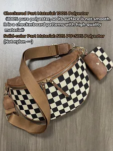 Detail of checkered crossbody bag with material info showing 100% polyester texture