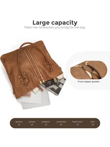 Detail view showing large capacity brown tote bag with front zipper pocket and items
