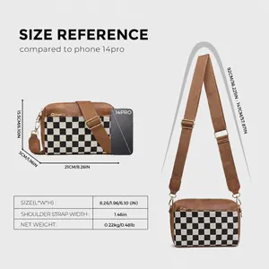 Tableau des tailles du sac en damier avec dimensions et détails de la sangle réglable