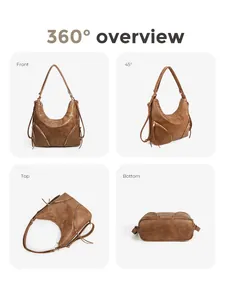 Detailed 360-degree overview of vintage brown faux leather crossbody bag with metal zippers