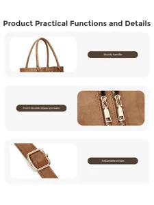 Detail view of brown checkerboard tote with durable handles and golden double zippers