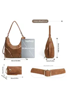 Size chart showing large shoulder bag and small clutch dimensions for 14-inch laptops