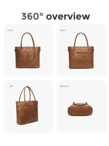 360-degree views of a large brown checkerboard tote bag with dual shoulder straps