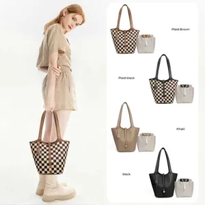 Borsa a Secchiello da Donna di Moda Set Borsa Tote Grande Capacità a Scacchi Tinta Unita in Pelle Sintetica Borsa a Mano con Tasca Interna e Ciondolo a Lucchetto per Pendolarismo