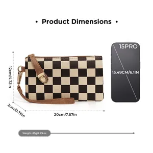 Checkerboard long zipper wallet with wristlet, dimensions 20x12x2cm and 65g lightweight design