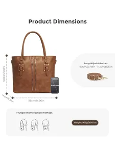 Brown leather tote bag size guide with detailed dimensions and a mobile phone for scale