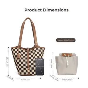 Borsa tote a scacchi con pochette interna, dimensioni 28x22x19cm e specifiche tecniche
