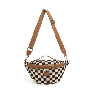 Fashion Checkerboard Plaid Fanny Pack Women Large Capacity Polyester Canvas Chest Bag Adjustable Wide Strap Casual Crossbody Bag